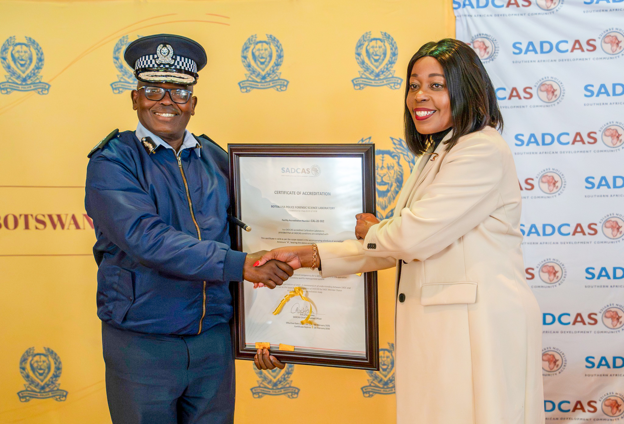 BOTSWANA POLICE SERVICE FORENSIC SCIENCE LABORATORY EARNS SADCAS ACCREDITATION